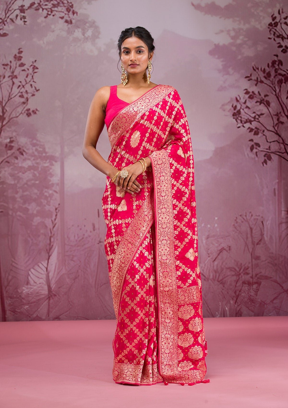 Exquisite Rani Pink Zariwork Georgette Saree for Effortless Elegance