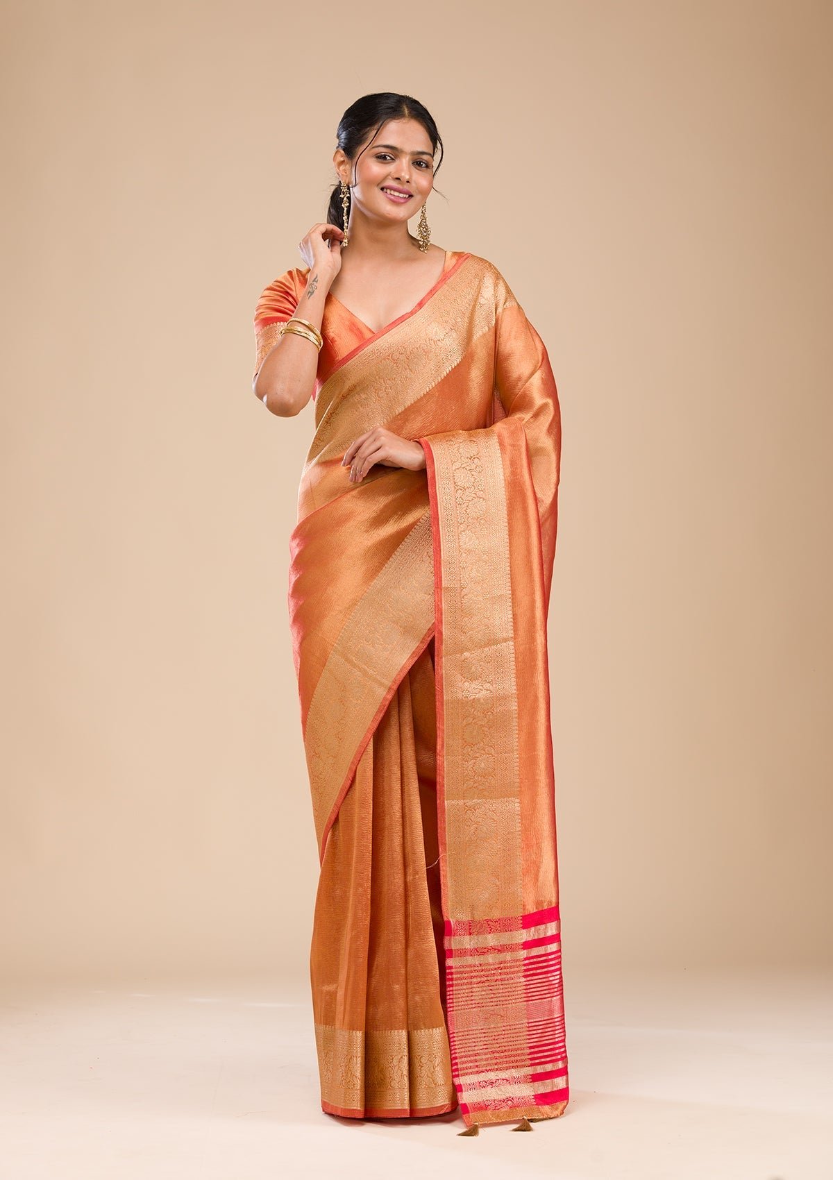 Elegant Rust Zariwork Tissue Saree for a Touch of Glamour