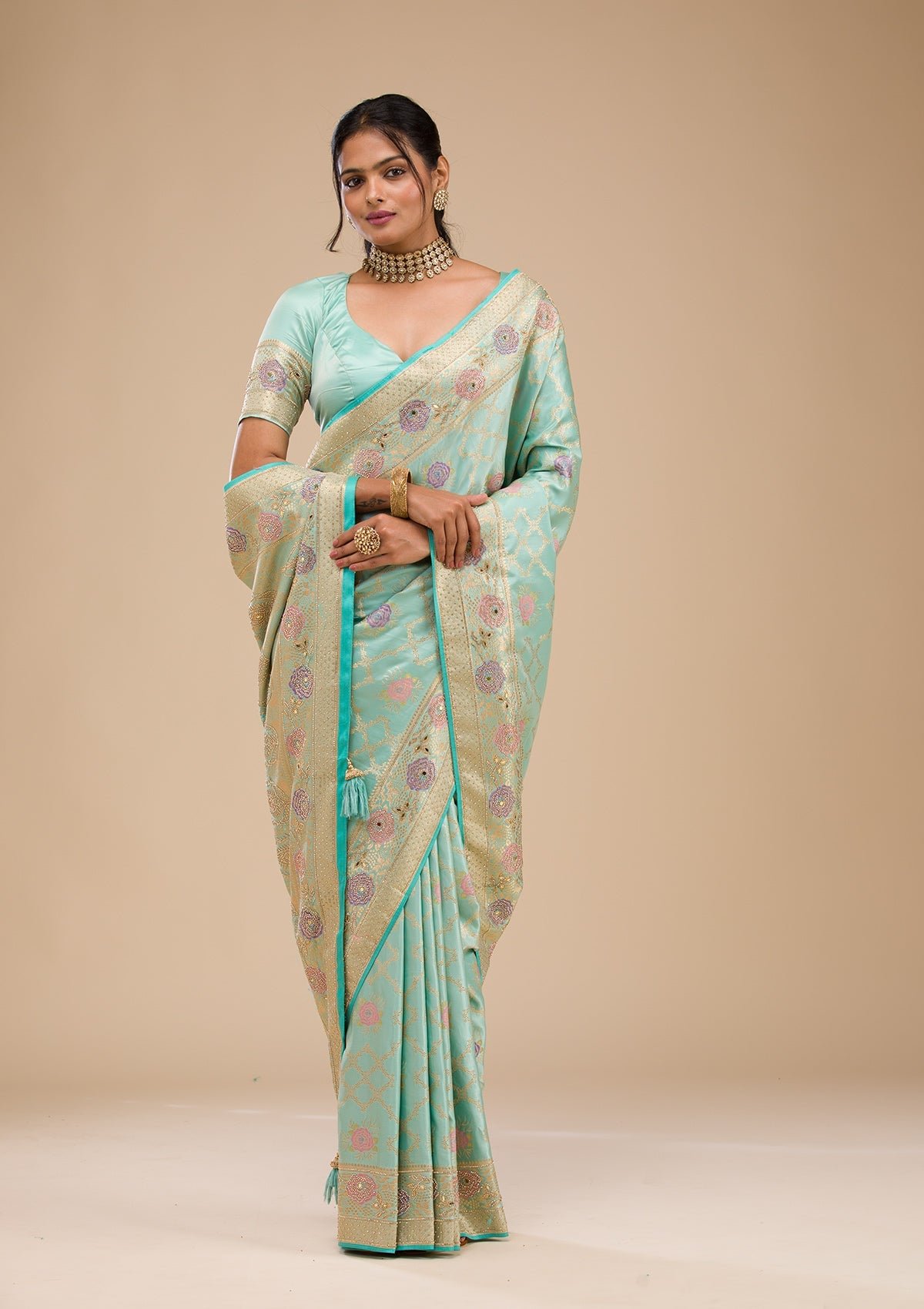Elegant Sea Green Soft Silk Saree with Exquisite Stonework