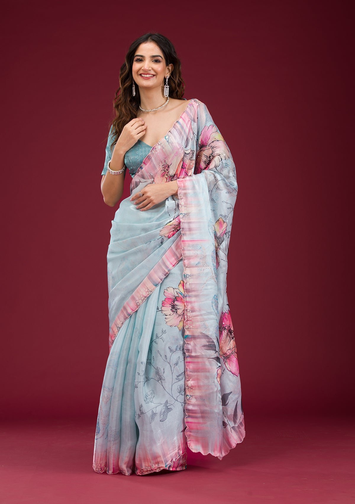 Elegant Sky Blue Printed Tissue Saree for a Stunning Look