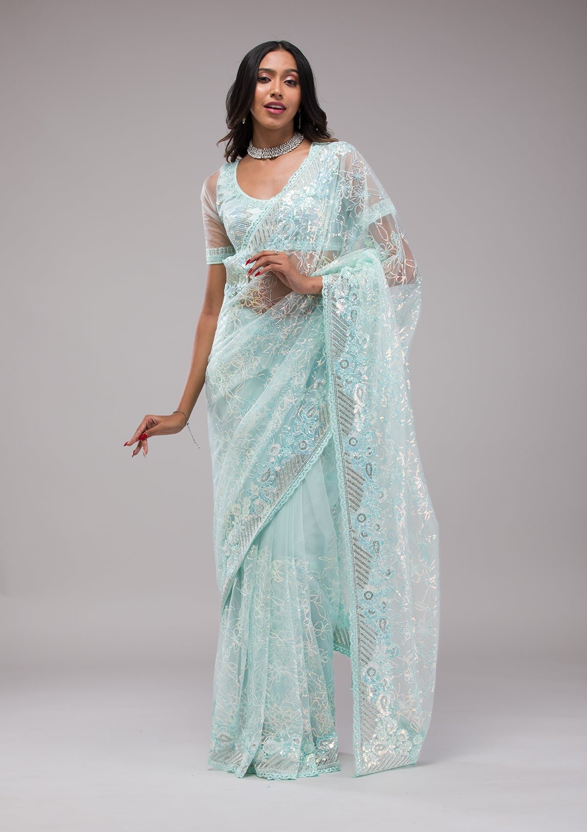 Stunning Sky Blue Sequined Net Saree