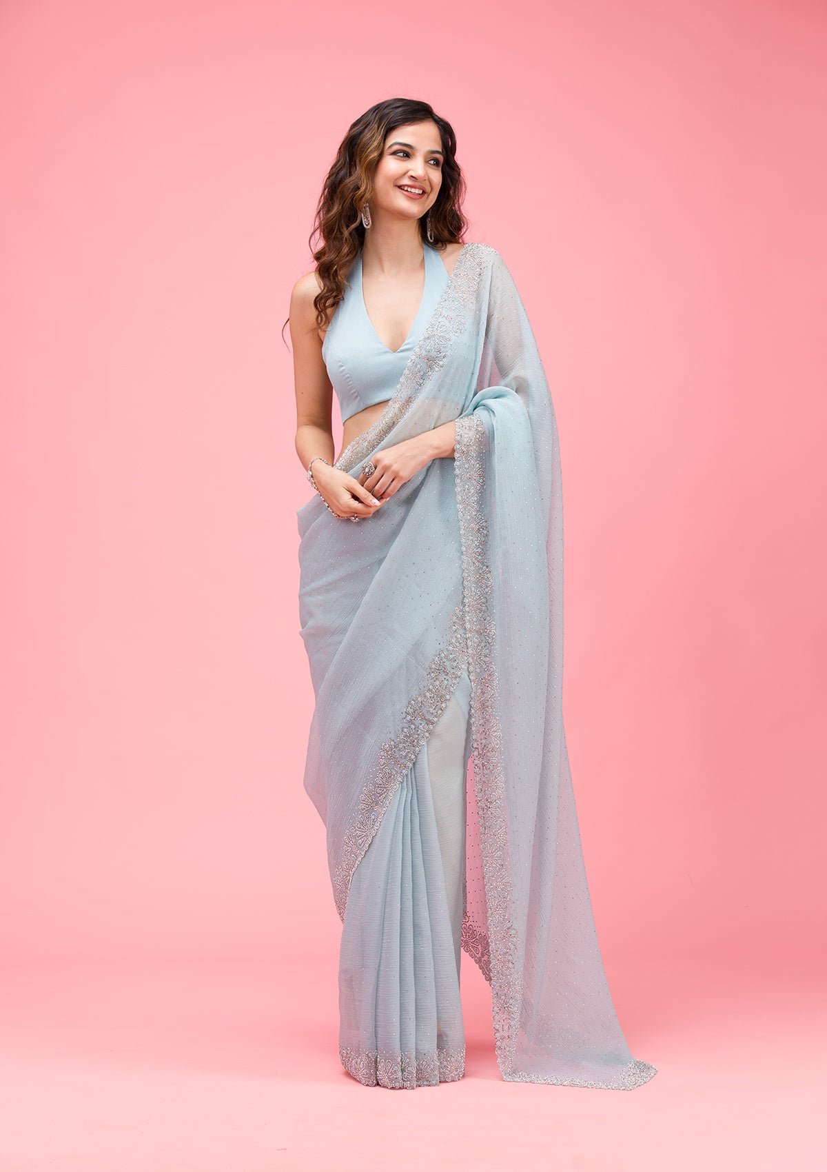 Elegant Sky Blue Chiffon Saree with Beautiful Threadwork