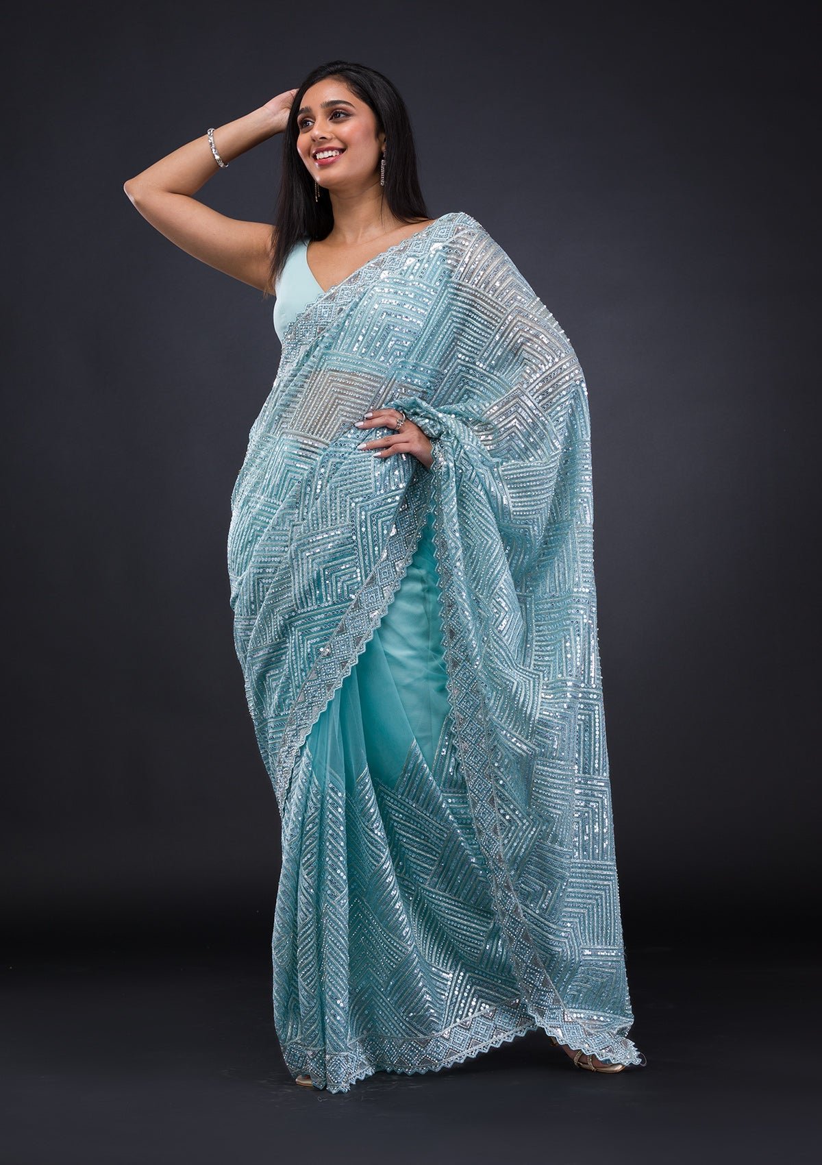 Elegant Sky Blue Net Saree with Exquisite Threadwork