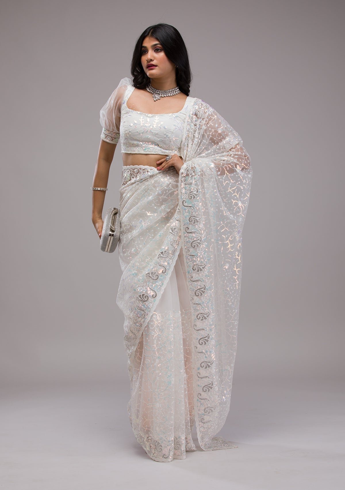 Glamorous White Sequined Net Saree for a Stunning Look