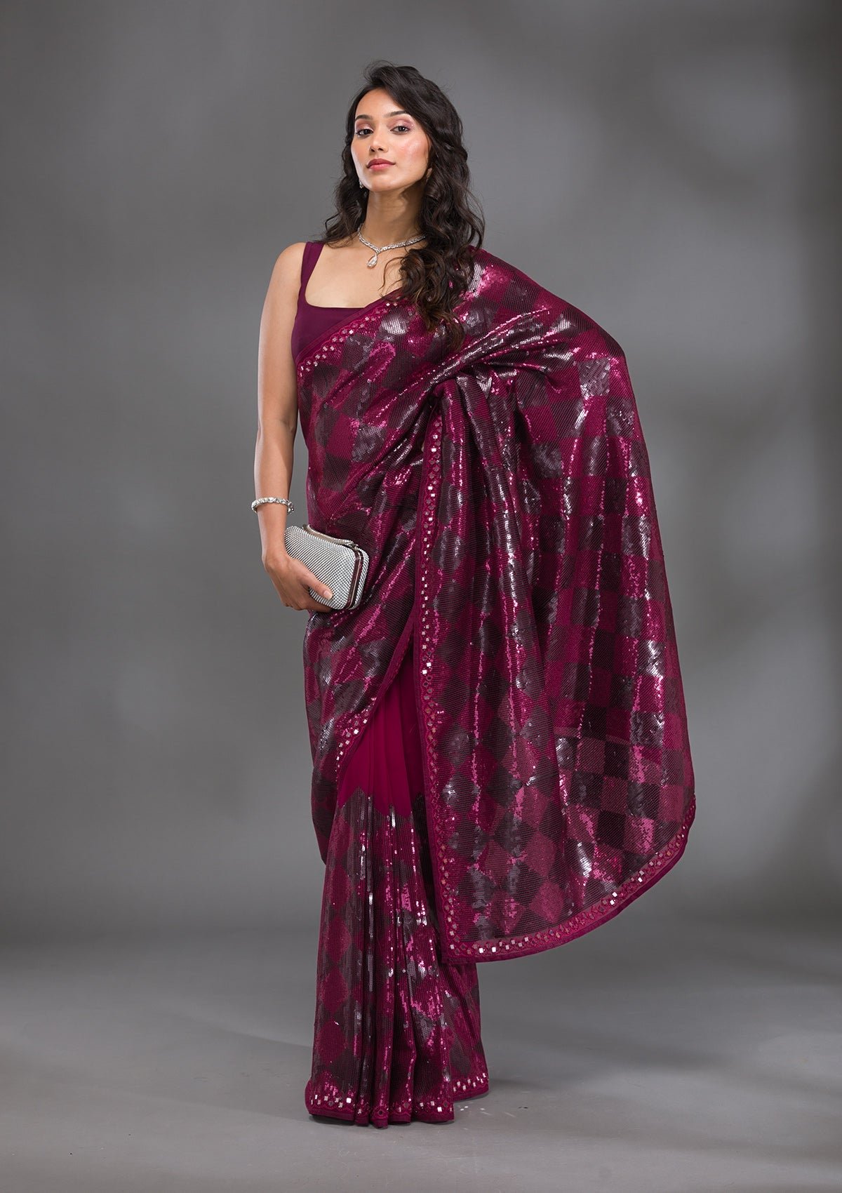 Glamorous Wine Sequined Georgette Saree