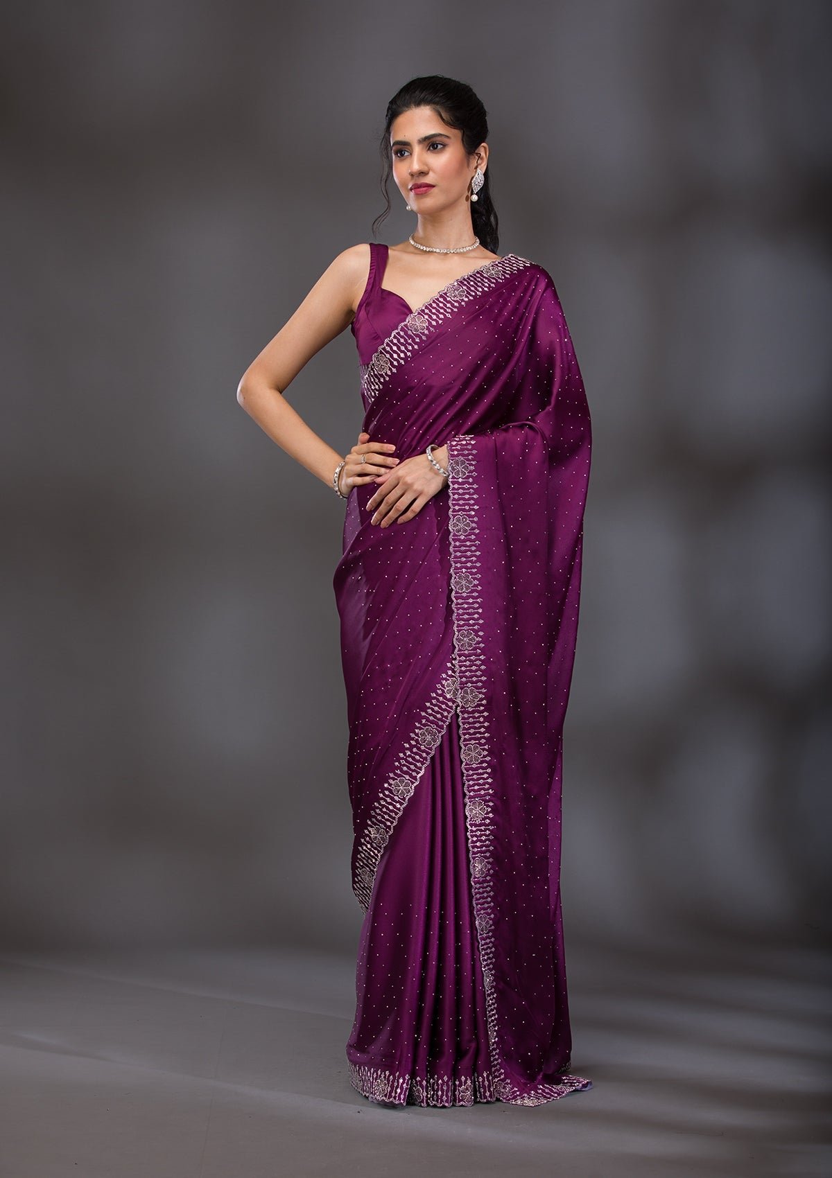 Elegant Wine Swarovski Embellished Satin Saree