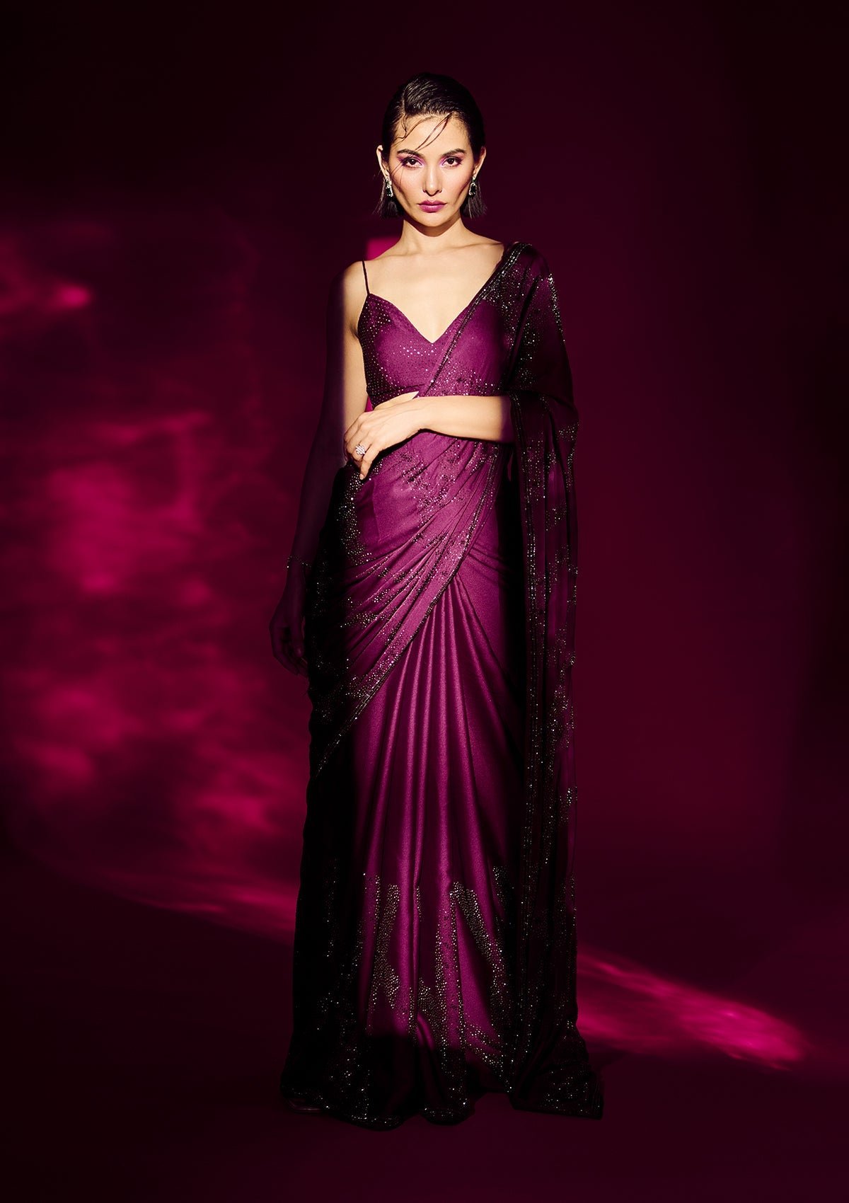 Elegant Wine Stonework Satin Designer Saree - Image 7