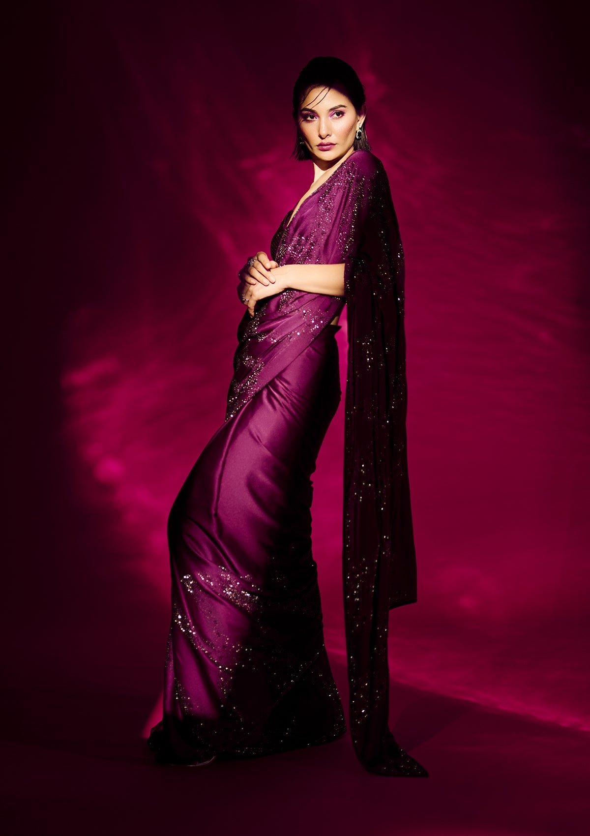 Elegant Wine Stonework Satin Designer Saree - Image 8