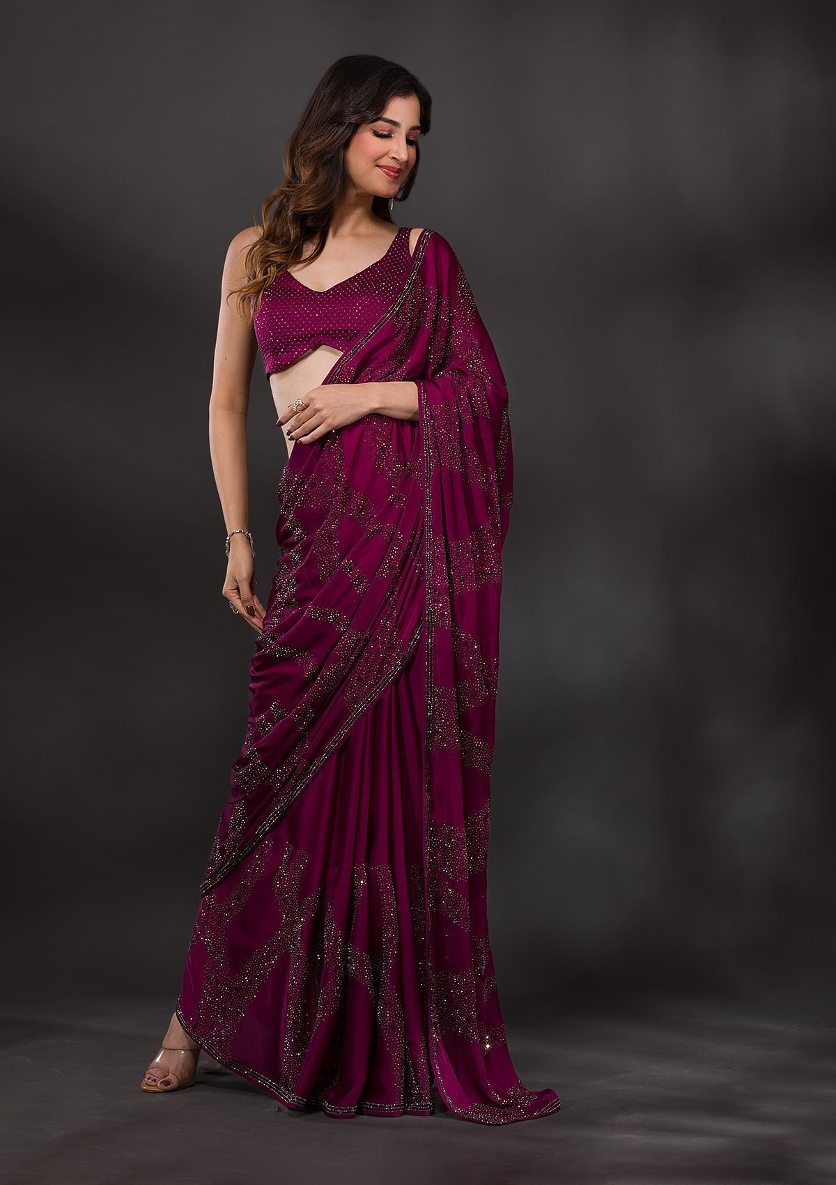 Elegant Wine Stonework Satin Designer Saree - Image 6