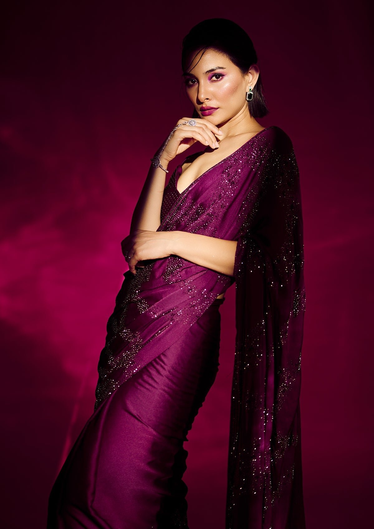 Elegant Wine Stonework Satin Designer Saree - Image 9