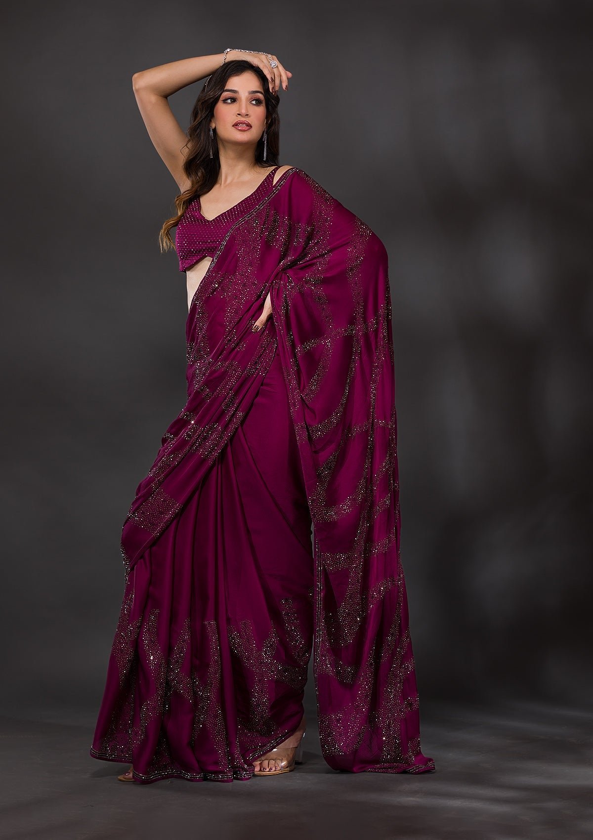 Elegant Wine Stonework Satin Designer Saree