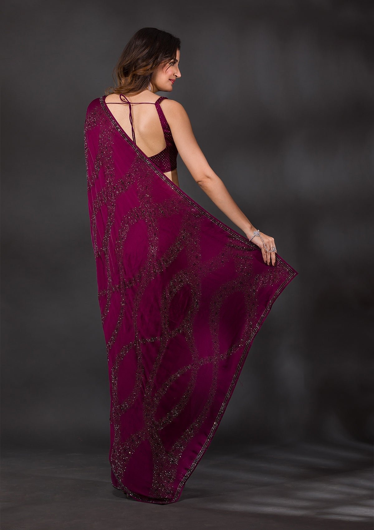 Elegant Wine Stonework Satin Designer Saree - Image 2