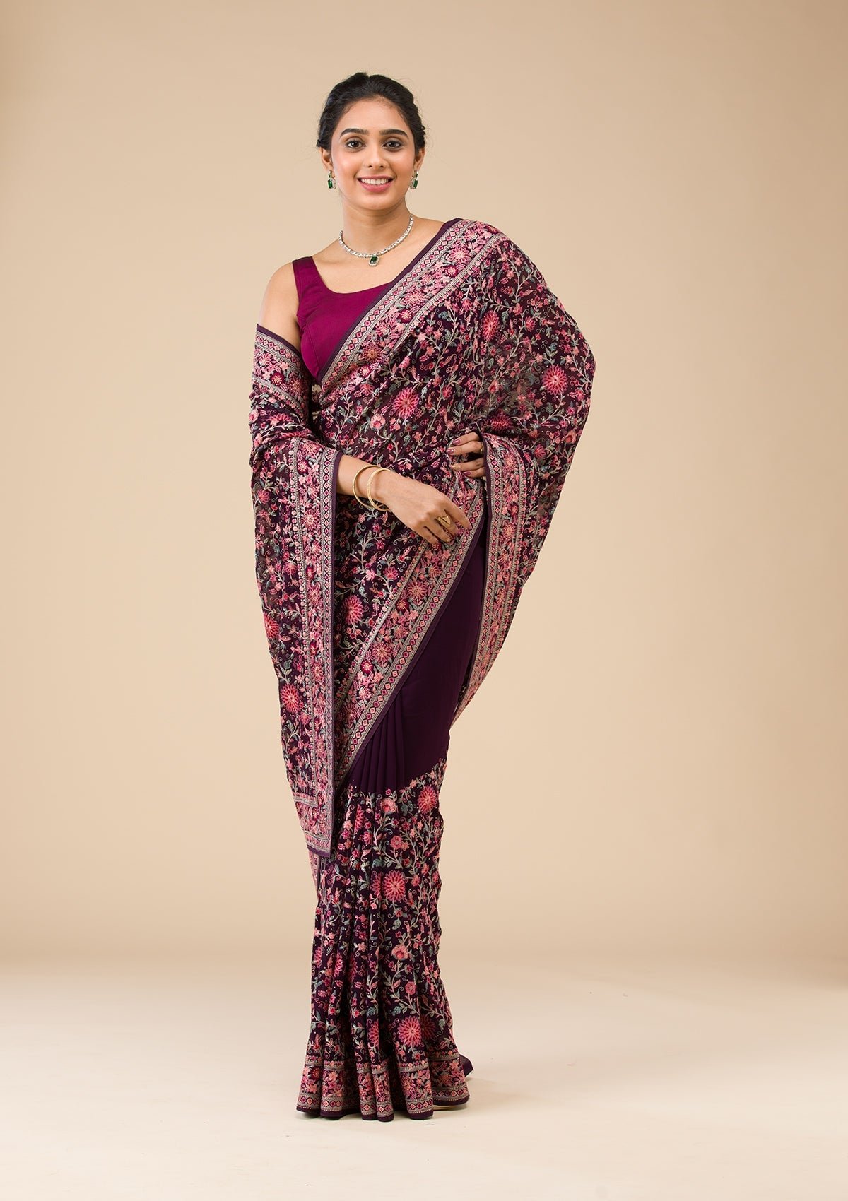 Elegant Wine-Colored Georgette Saree with Exquisite Threadwork