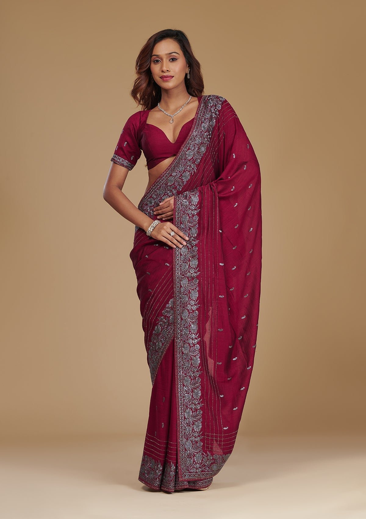 Elegant Wine Zariwork Georgette Saree